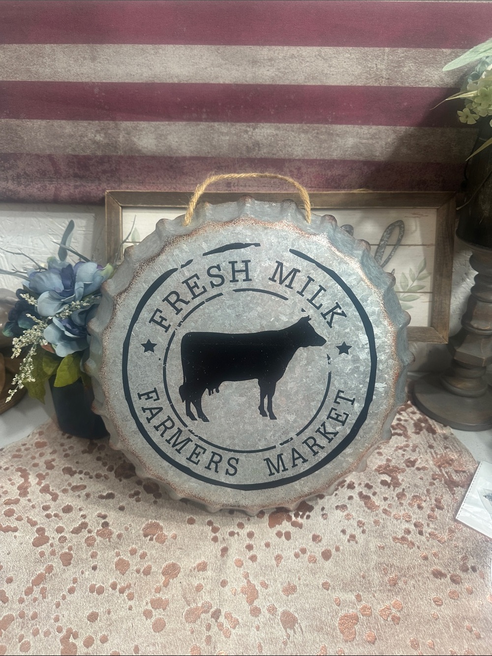 Hobby Lobby Silver Metal "Fresh Milk Farmers Market" Wall Sign with Black Cow